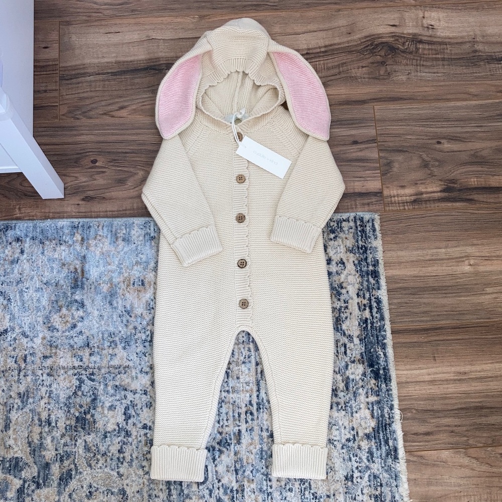 #101. 🆕 NWT - Cuddle + Kind - Hand-Knit 2025 Bunny Ear Hooded Baby One-Piece